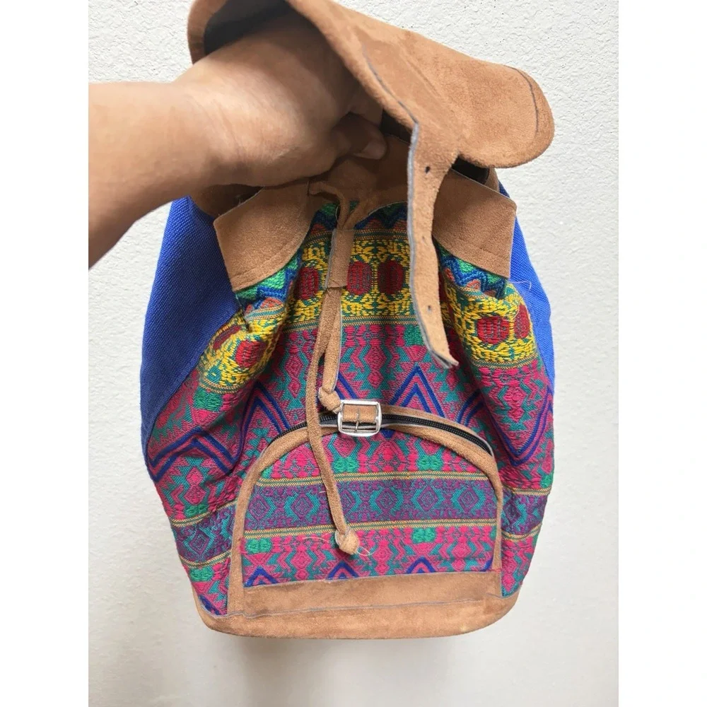 Multicolor Geometric Bohemian Backpack Drawstring Buckle Zip Pockets Women's